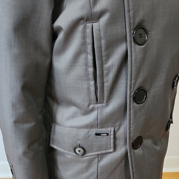 Men's Gray Double-Breasted Coat with Fur Hood - Picture 6 of 6